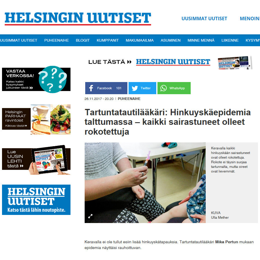 Helsingin Uutiset 26.11.2017 Tartuntatautilääkäri Hinkuyskäepidemian kaikki sairastuneet olleet rokotettuja